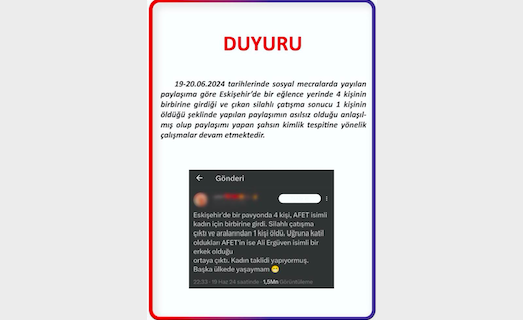Eskişehir'de cinayet işlendiğine dair asılsız paylaşım hakkında soruşturma başlatıldı