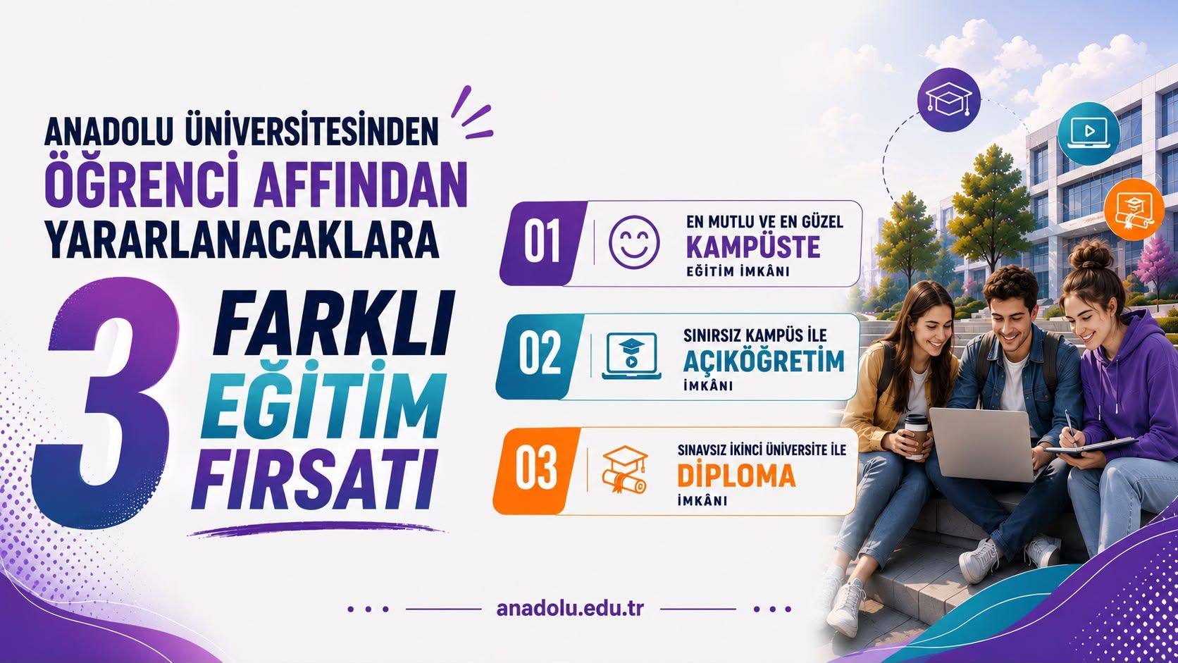 Anadolu Üniversitesi Öğrenci Affından Yararlanacaklara Üç Farklı Eğitim İmkânı Sunuyor