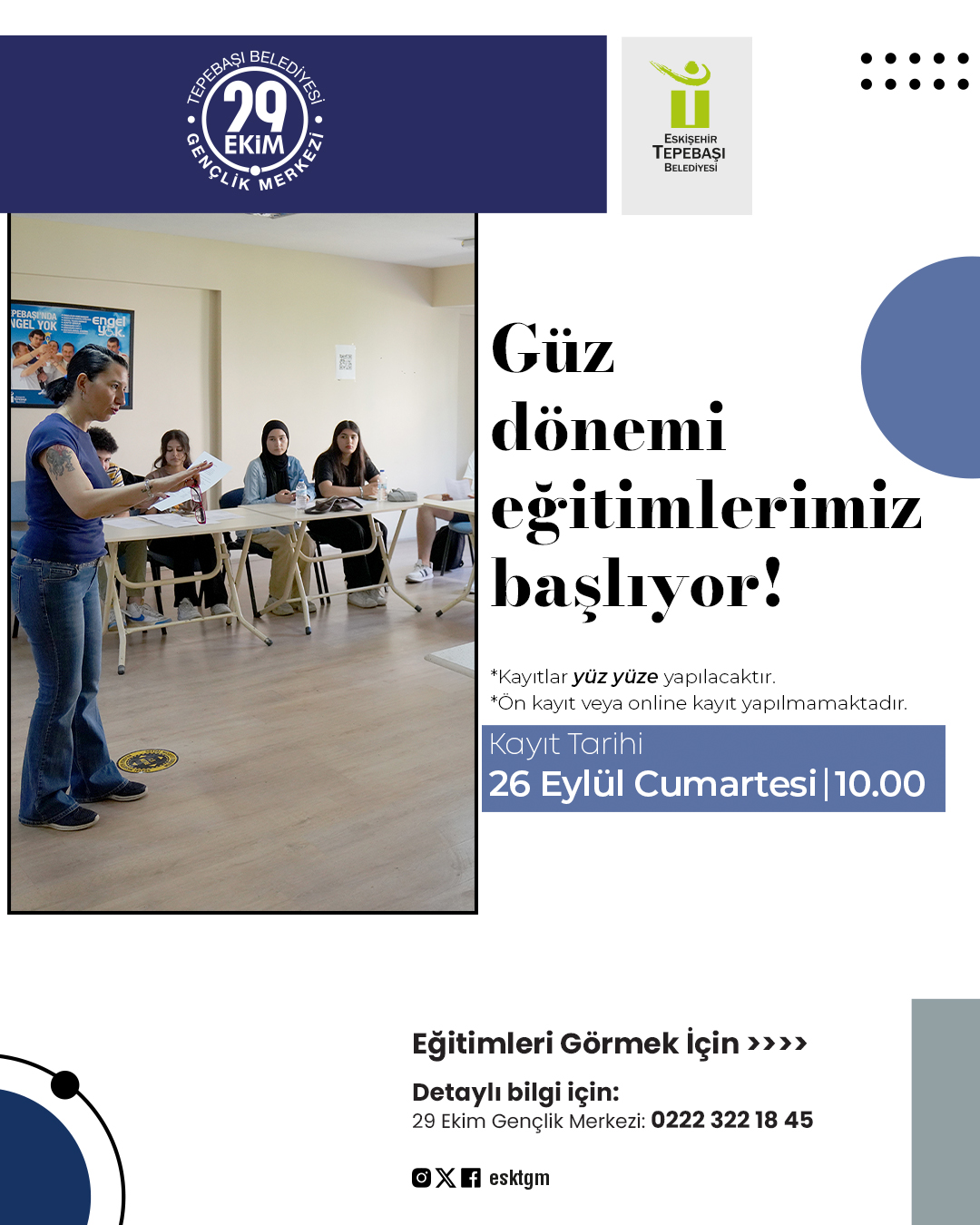 Tepebaşı Belediyesi 29 Ekim Gençlik Merkezinde Güz Dönemi Eğitim Kayıtları Başlıyor